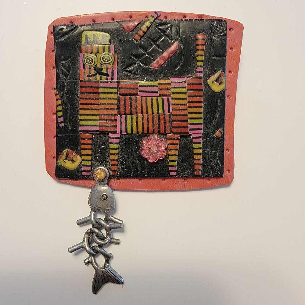 Colorful Striped Cat Brooch with Fish Charm
